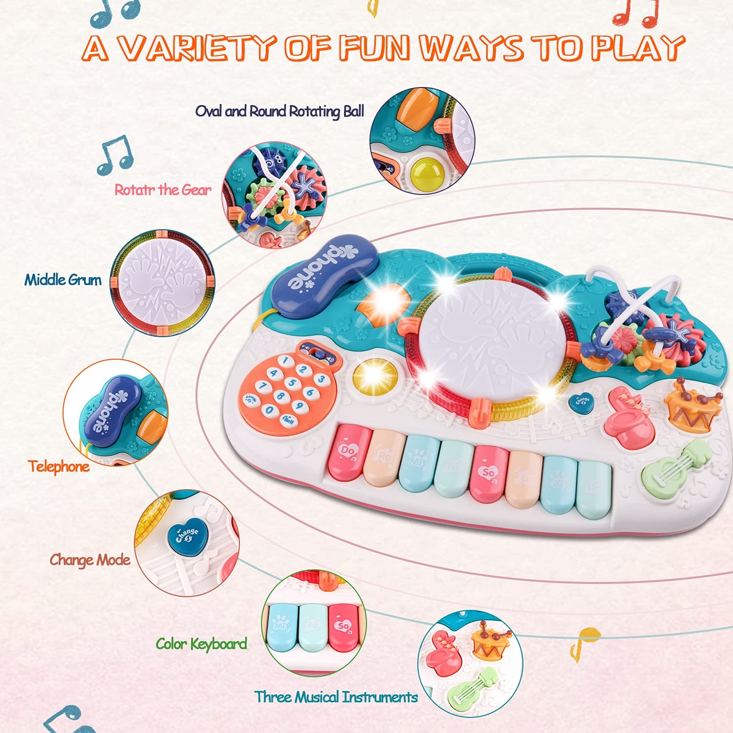 Light-Up Baby Musical Toys 6 in 1 Piano Keyboard Drum Set Gift for 1 Year Old Girls Boys Toys telephone Games