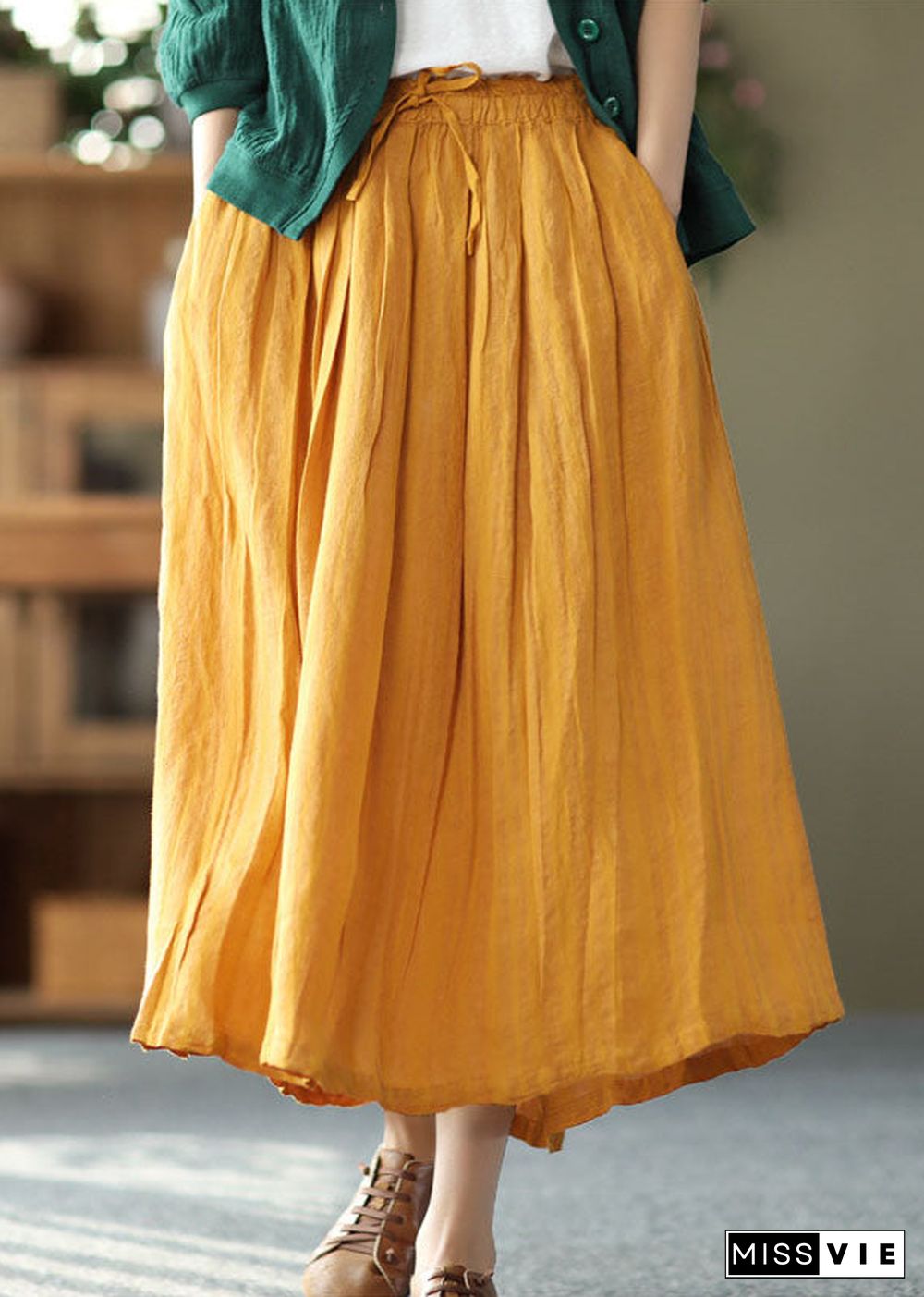 Bohemian Yellow Elastic Waist Wrinkled Linen Skirt Summer