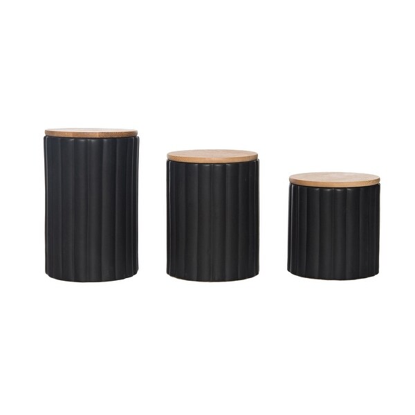 Transpac Dolomite 6.3 in. Black Christmas Fluted Canisters Set of 3