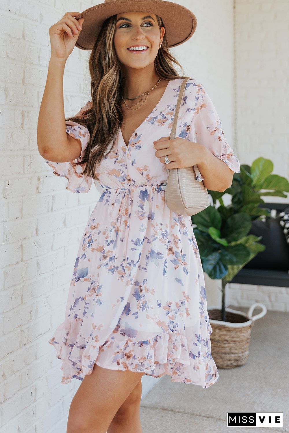 Pink Floral Print Flared Sleeve Ruffle Dress