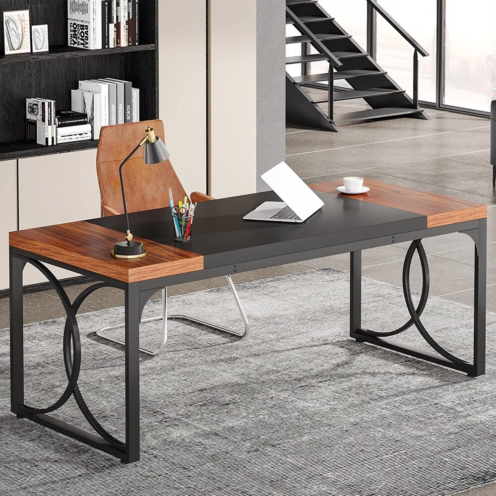 Thicken Wood Executive Desk  Large Office Desk with Metal Frame