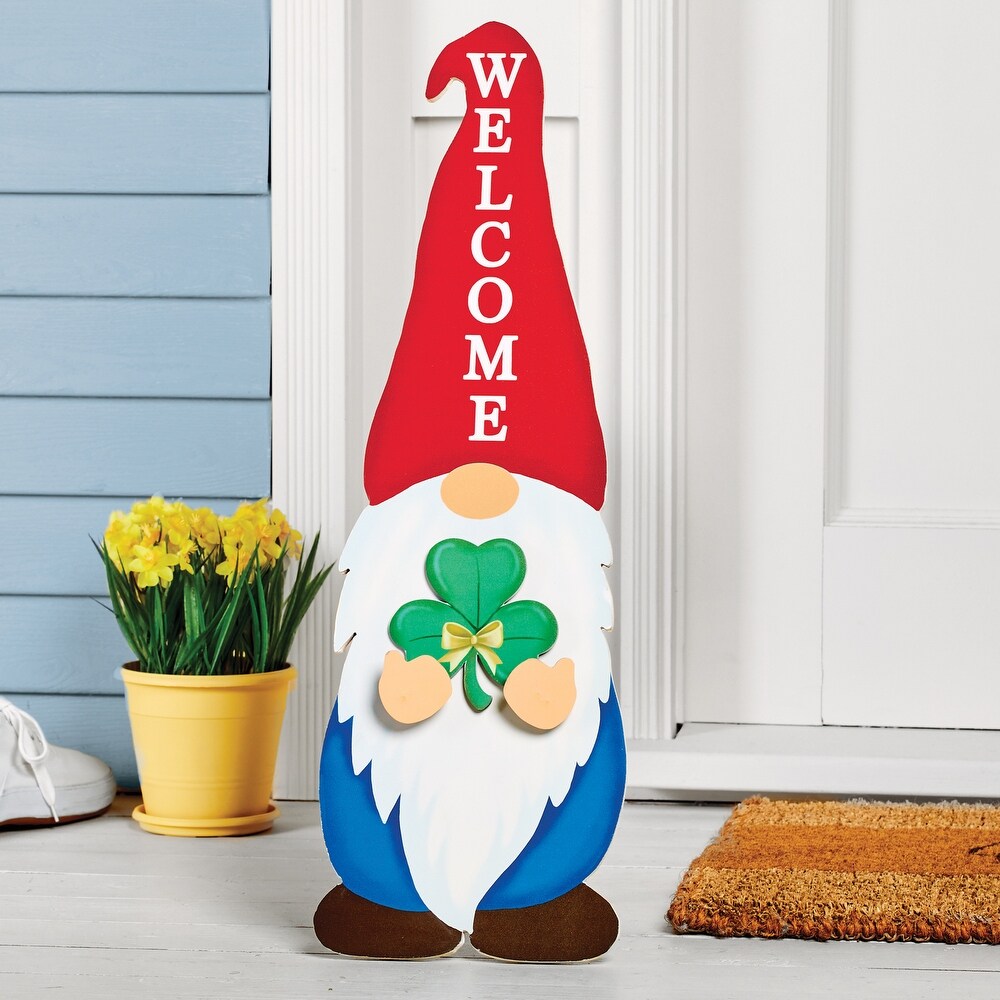 Seasonal Wooden Welcome Gnome Statue with Seasonal Hearts   25.350 x 8.750 x 2.750