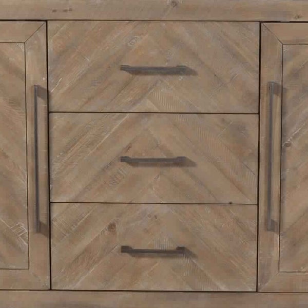 3 Drawer Herringbone Front Wooden Server with 2 Doors， Brown