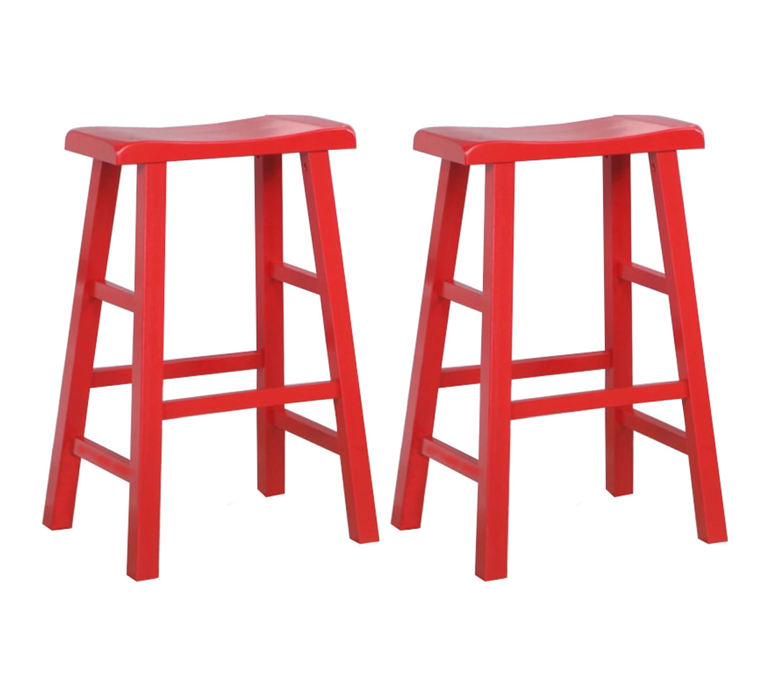 eHemco Heavy-Duty Solid Wood Saddle Seat Kitchen Counter Bar Stools， 29 Inches， Red， Set of 2