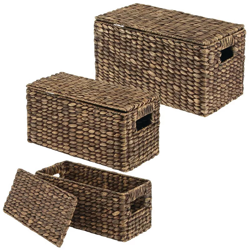 mDesign Woven Hyacinth Home Storage Basket with Lid - Set of 3