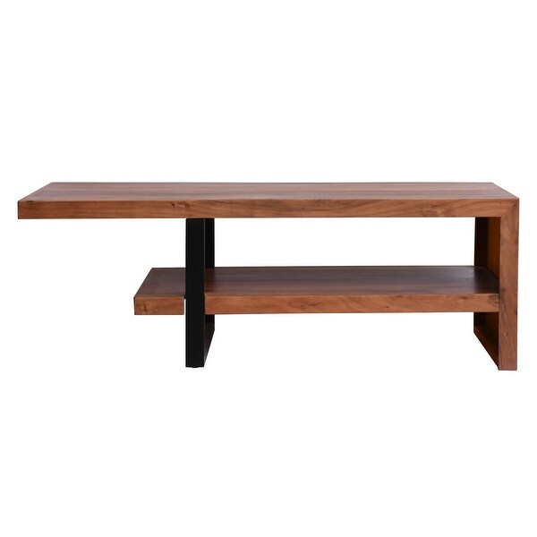 52 Inch Handcrafted Live Edge Coffee Table， Black Iron Frame， Brown Acacia Wood