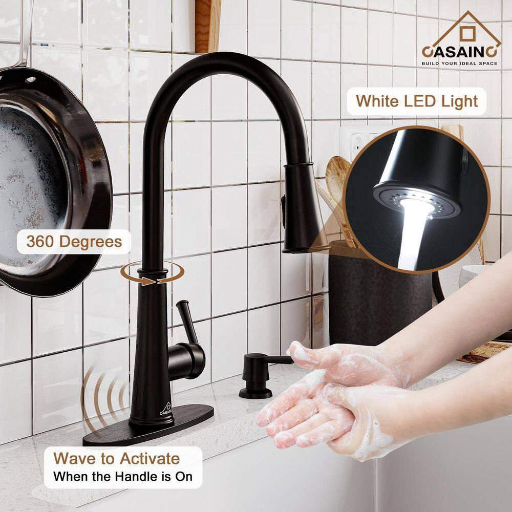 CASAINC Single-Handle Pull Down Sprayer Kitchen Faucet with Touchless Sensor LED Soap Dispenser and Deckplate in Matte Black CA-W3085-MB