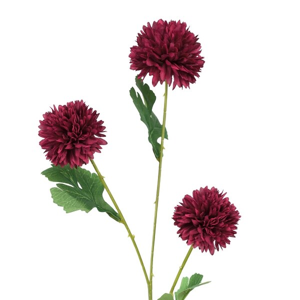 Set of 6 Red Burgundy Artificial Pom Pom Mum Flower Stem Spray 26in