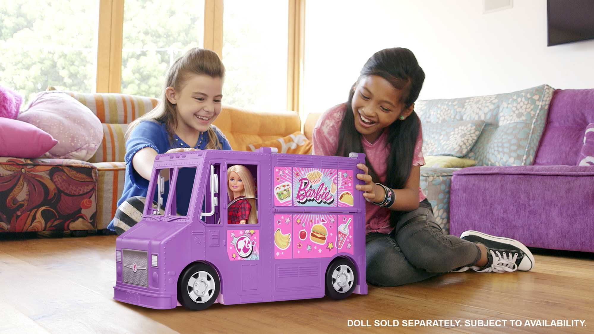 Barbie Fresh 'n Fun Food Truck Playset with Blonde Doll and 30+ Accessories. Lift Side for Kitchen