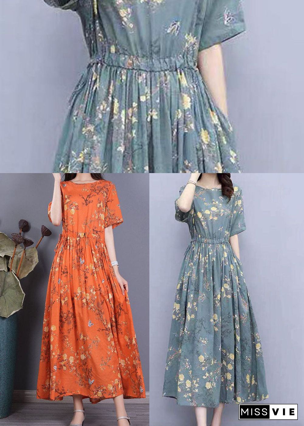 Women Orange Cinched Print Cotton Long Dress Short Sleeve