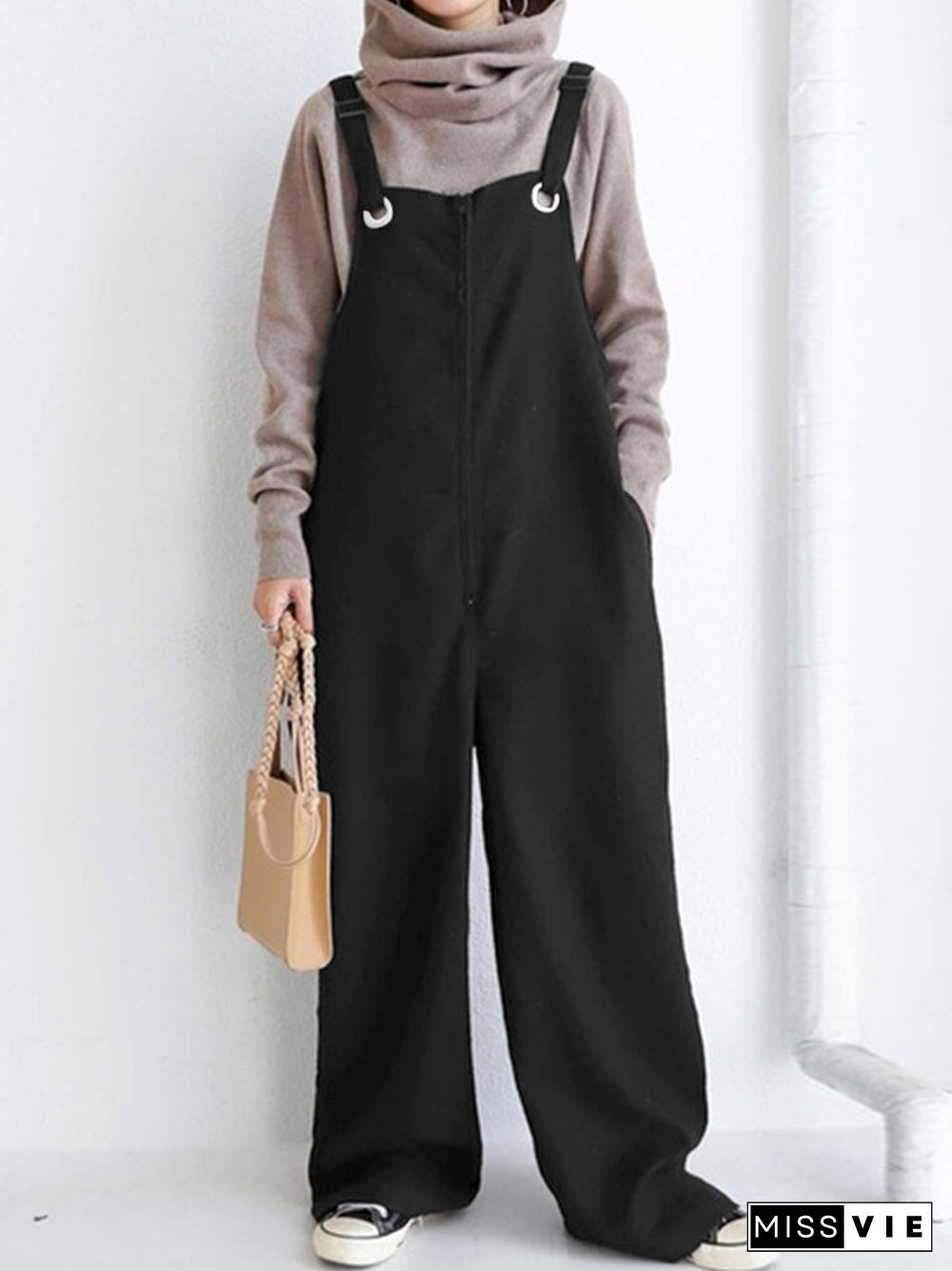 Solid Pocket Adjustable Strap Loose Wide Leg Jumpsuit Women