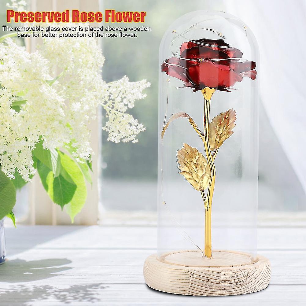Preserved Rose Flower LED Light with Glass Cover andamp; Wooden Base Valentines'Day Wedding Red