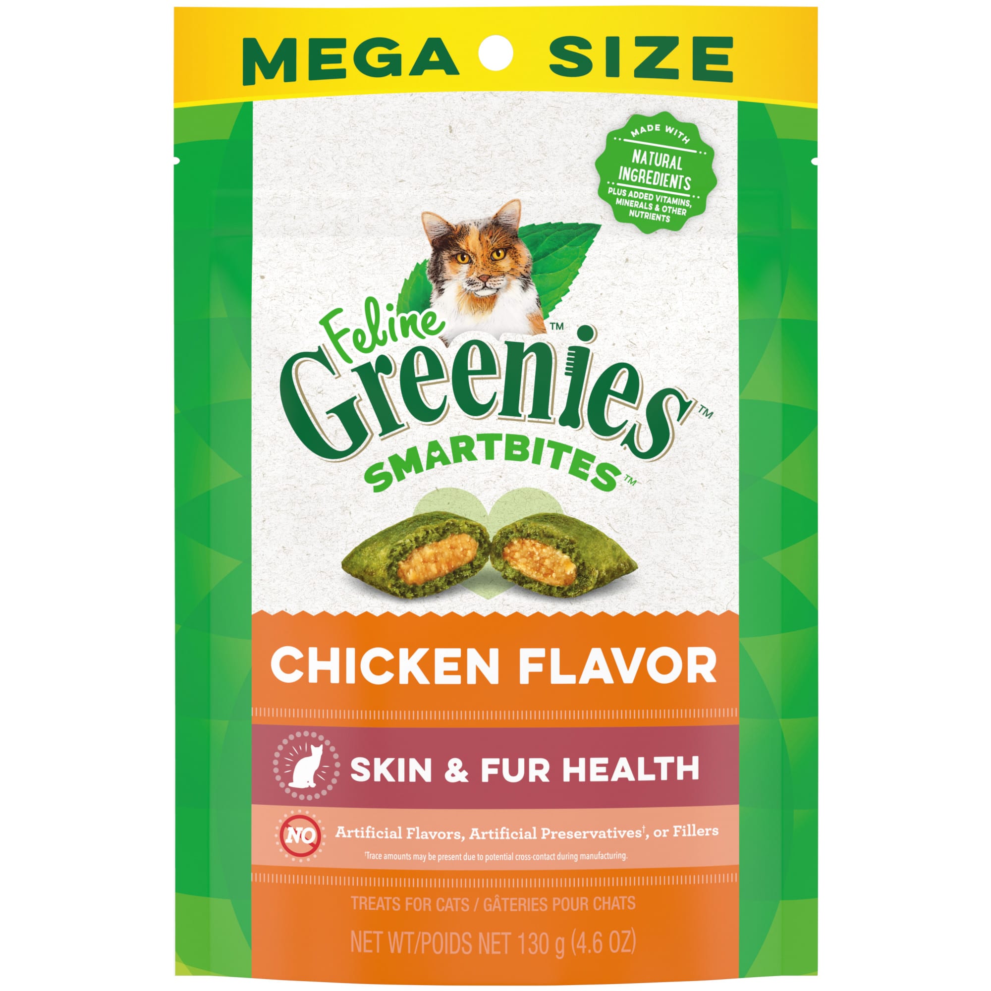 GREENIES Smartbites Chicken Flavor Skin amp; Fur， Crunchy and Soft Natural Cat Treats， 4.6 oz.