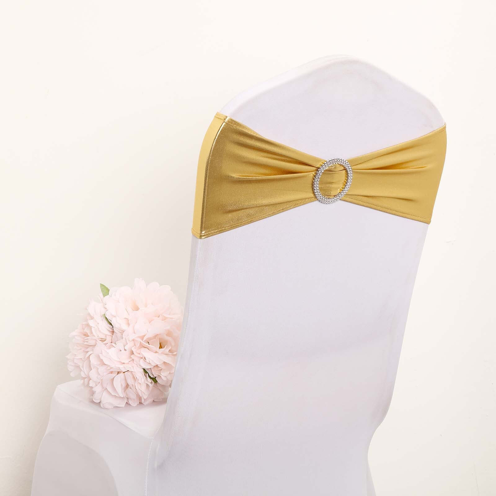 5 Pack Metallic Gold Spandex Chair Sashes With Attached Round Diamond Buckles