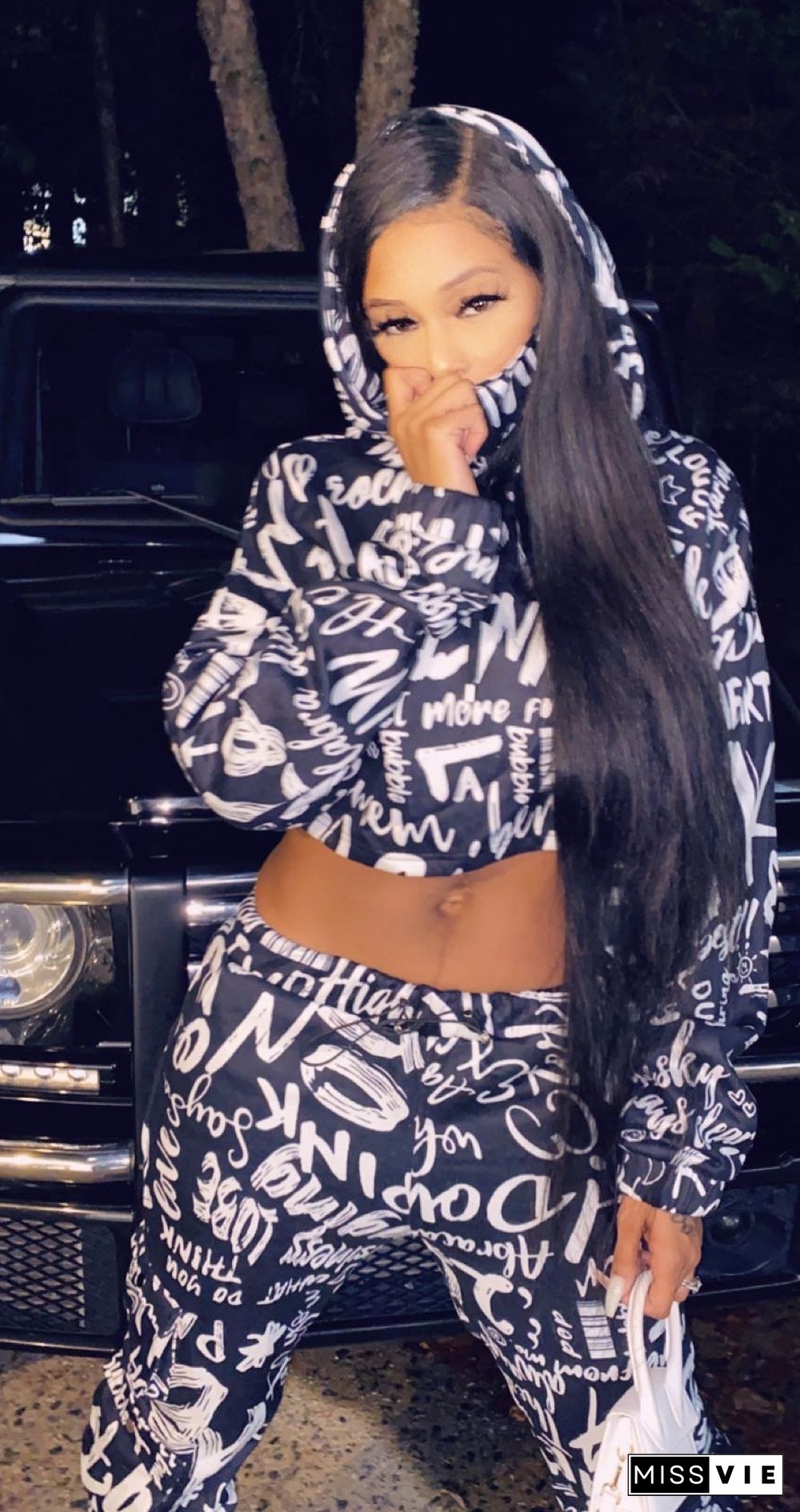 Letter Printed Hooded Sweatshirt Crop Top Pants Set