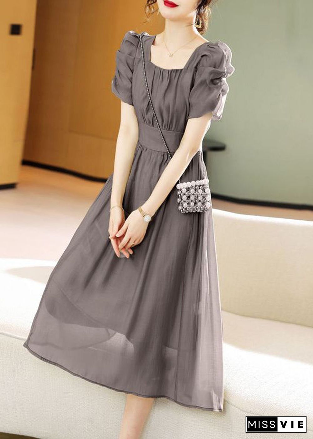 New Grey Lace Up Patchwork Chiffon Dress Short Sleeve