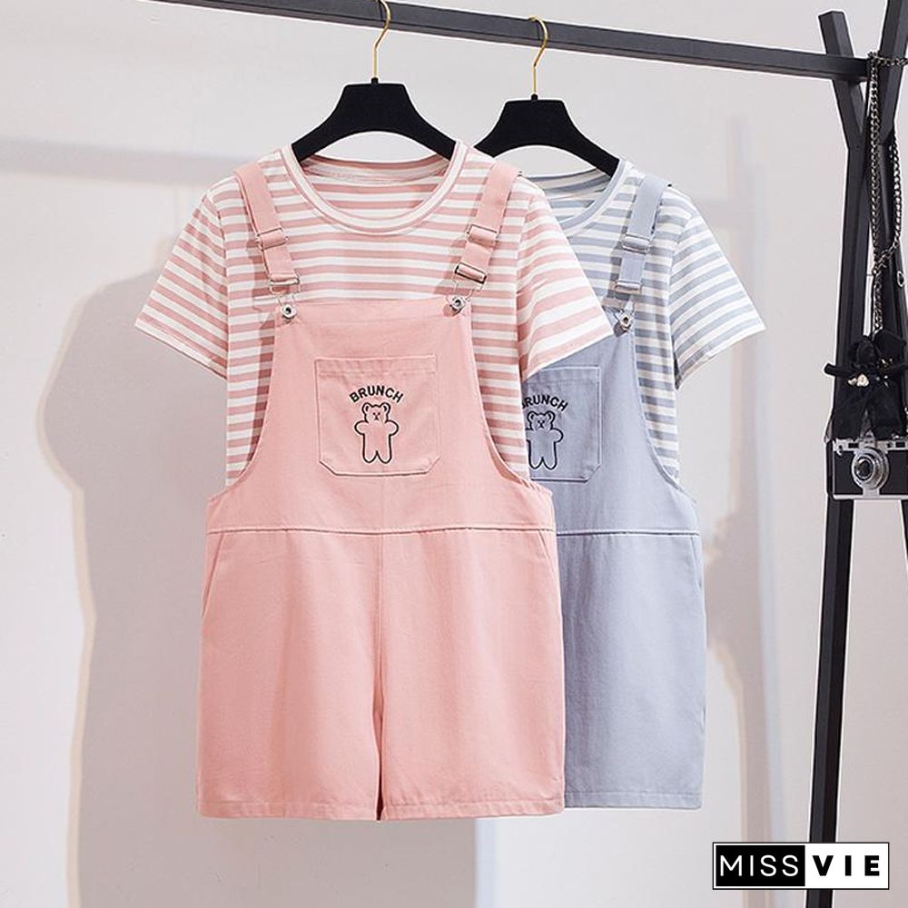 Cute Stripe Tee+Bear Rompers P11168