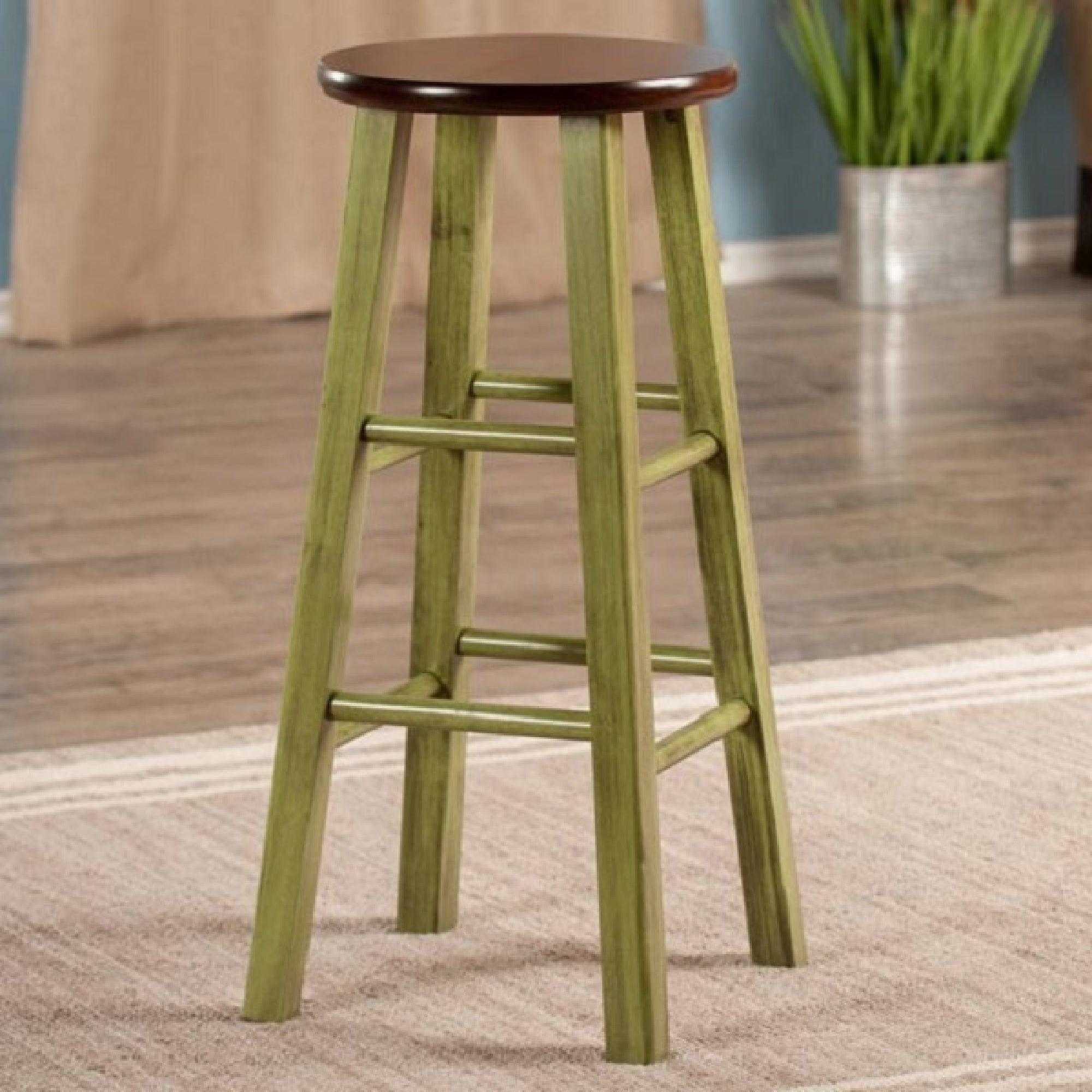 29” Rustic Green Round Counter Barstool with Walnut Seat