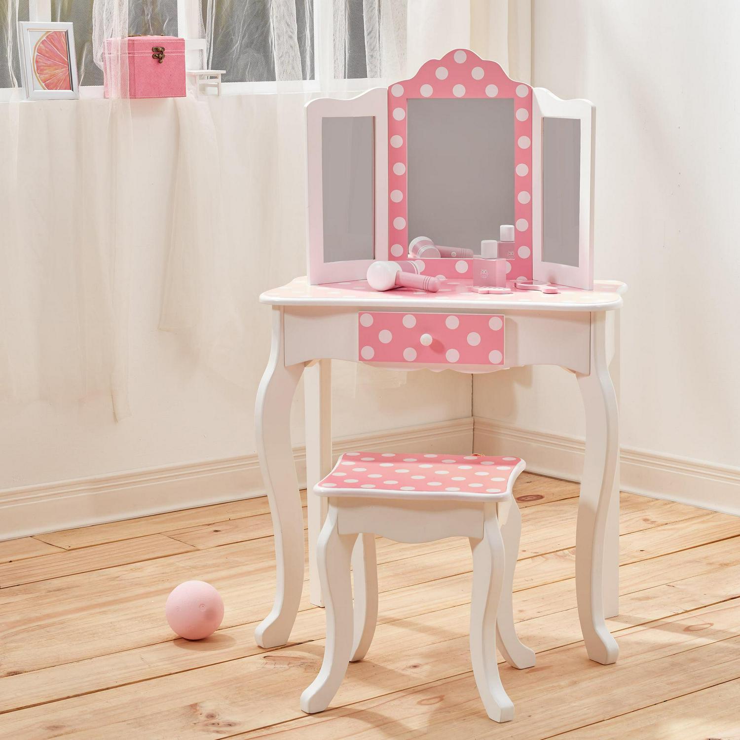 Teamson Kids Gisele Polka Dot Vanity Set with TriFold Mirror and Chair Pink