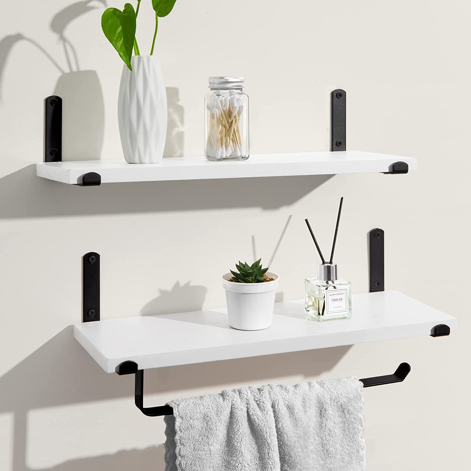 Afuly White Floating Shelves with Towel Bar, Modern Wall Mounted Shelf for Bathroom Set of 2