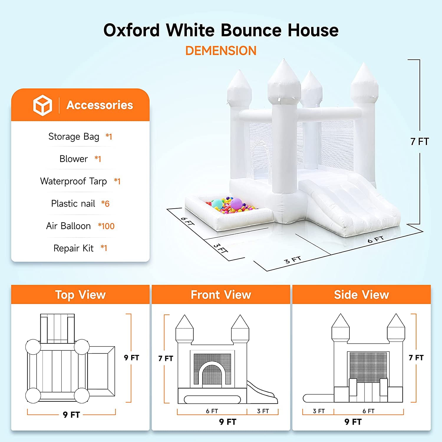 Connsann White Bounce House with Air Blower White Bouncy Castle with Slide and Ball Pit for Home Birthday Party Gift for Kids/Toddler (9x9FT White)