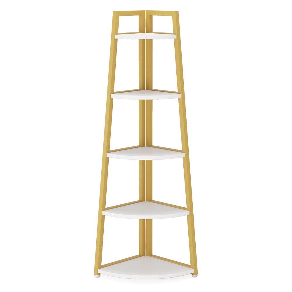 Brown/ Black Corner Ladder Shelf 5 Tier Corner Bookshelf Bookcase  White/ Gold 70 Inch Tall Display Rack for Small Space