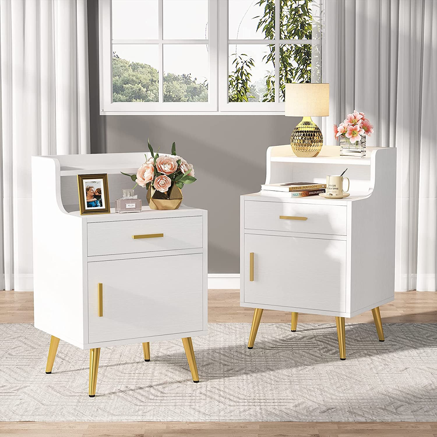 Tribesigns Modern Nightstand with Door Cabinet, Set of 2 Bedside Sofa Table with Drawer, White & Gold