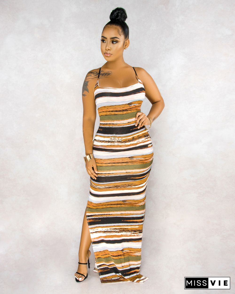 Split Sling Adjustable Buckle Stripe Tie Dye Midi Dress