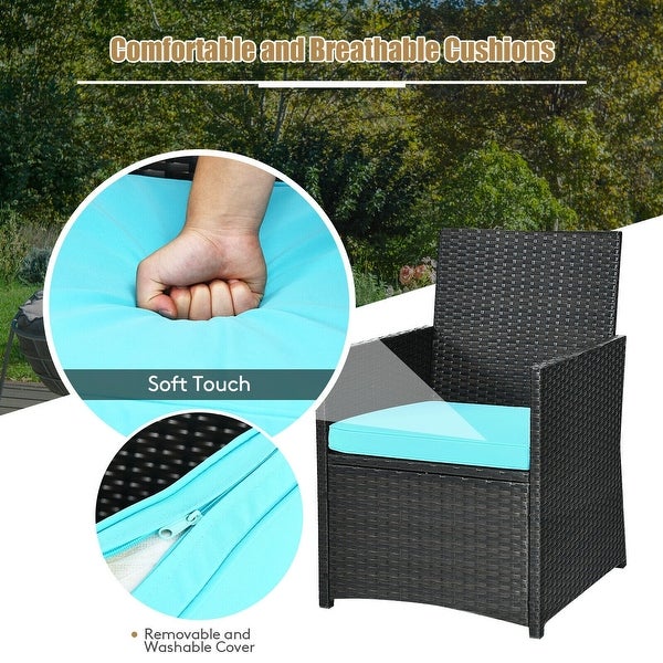 3 Pieces Patio Rattan Furniture Set with Cushion and Sofa Armrest - Turquoise - 51