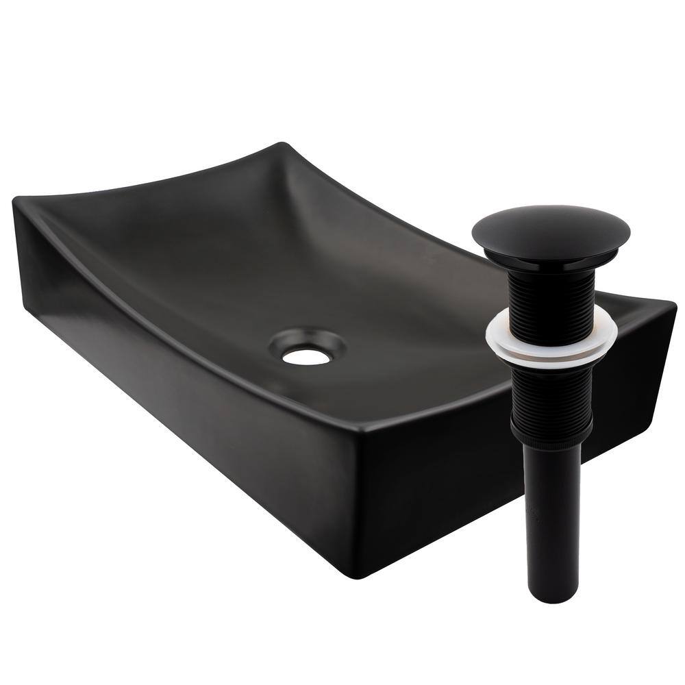 Novatto Modern Porcelain Vessel Sink in Black with Matte Black Umbrella Drain NP-01141MBMB