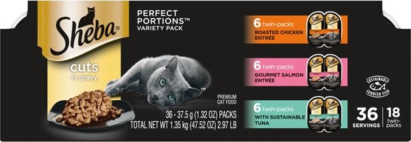 Sheba Perfect Portions Grain-Free Multipack Roasted Chicken， Gourmet Salmon and Signature Tuna Cuts in Gravy Cat Food Trays