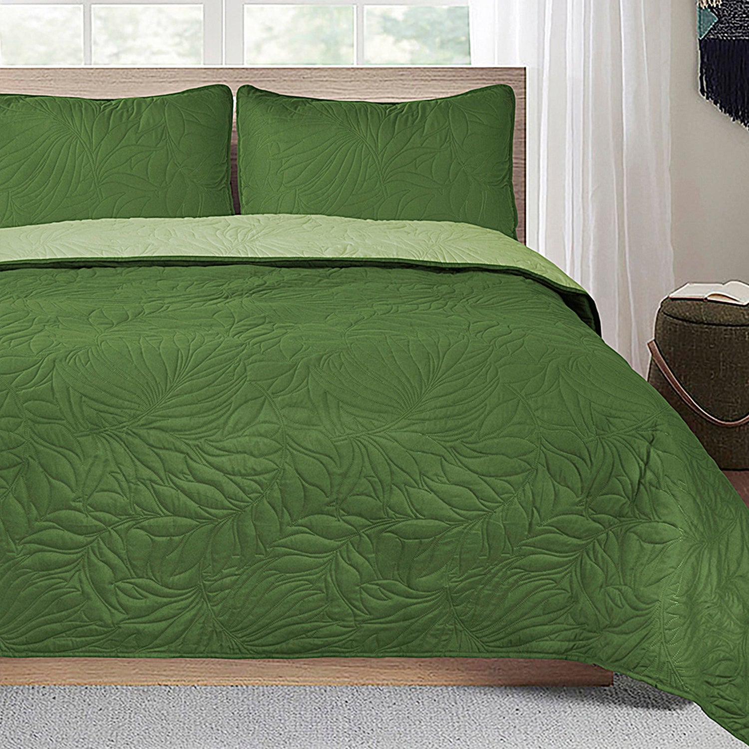 3 Piece Oversized Ultrasonic Embossed Bedspread Set with Botanical Pattern-Sophia