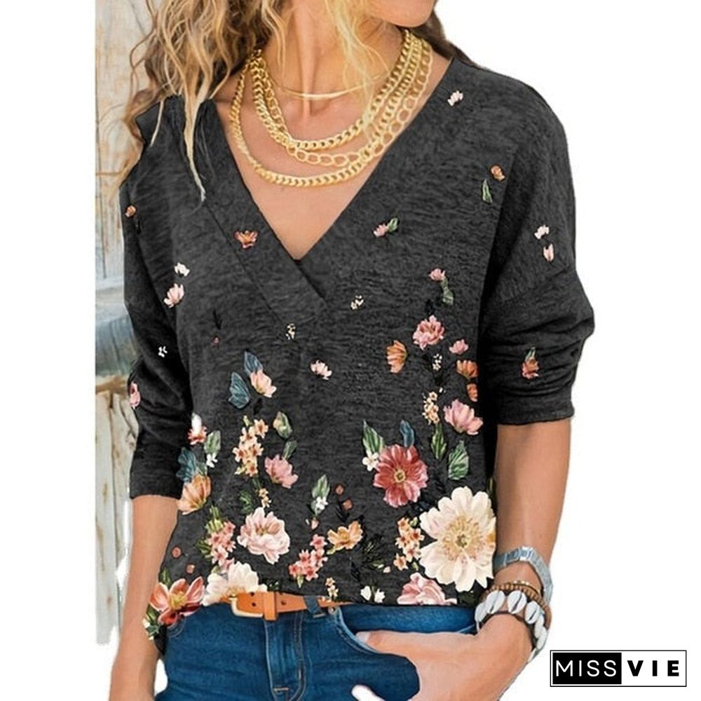 Snake Yx Women'S Clothing Autumn And Winter New Fashion Women'S V-Neck Flower Print Long-Sleeved Casual Loose T-Shirt Plus Size