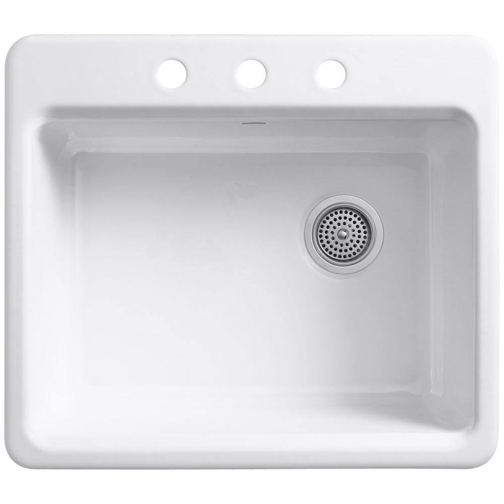 KOHLER Riverby Drop-In Cast-Iron 25 in. 3-Hole Single Basin Kitchen Sink Kit with Basin Rack in White K-5872-3A1-0