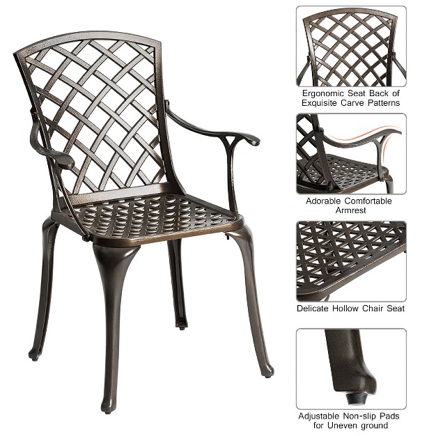 Costway Outdoor Cast Aluminum Arm Dining Chairs Set Of 2 Patio Bistro Chairs Brown