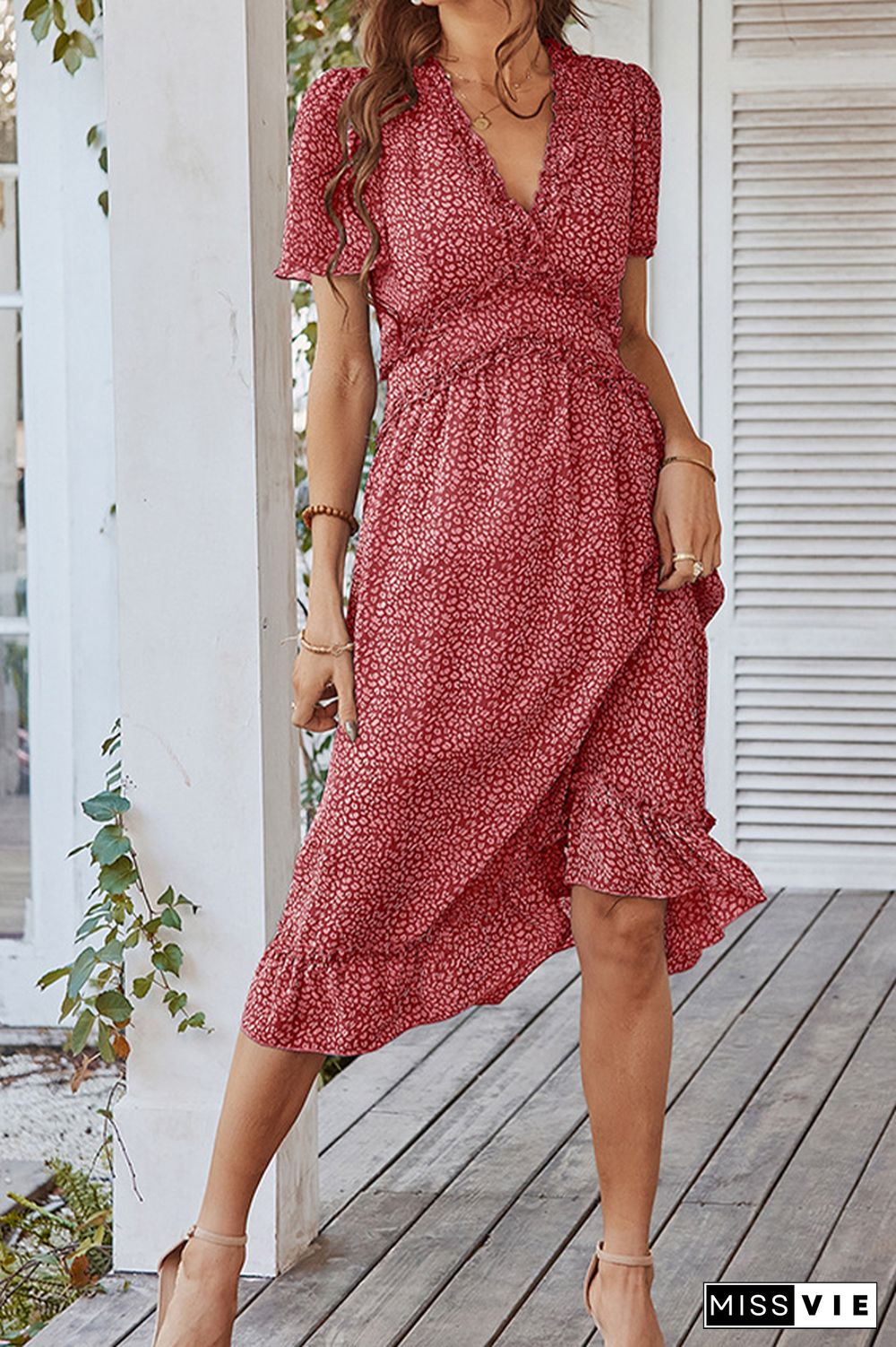 Polka Dot V-neck Short Sleeve Waisted Long Dress Wholesale