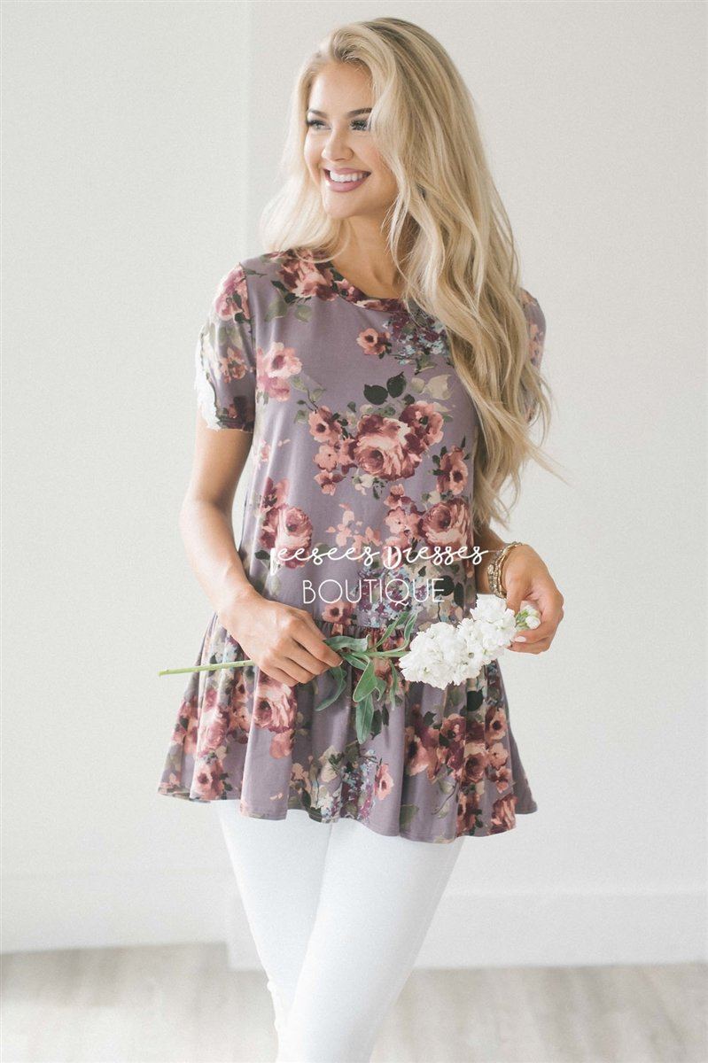 Dusty Lilac Floral Peplum Lace Sleeve Top