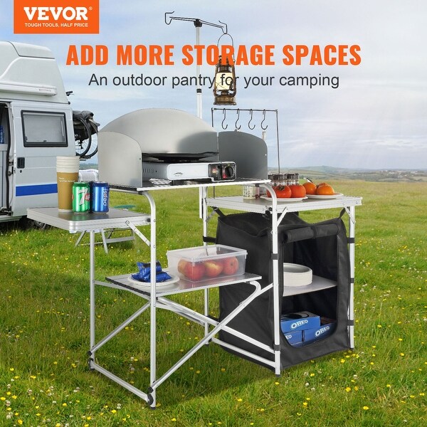 VEVOR Camping Kitchen Table Folding Portable Cook Station Long Aluminum Camping Table with Carrying Bag Side Tables and Shelves