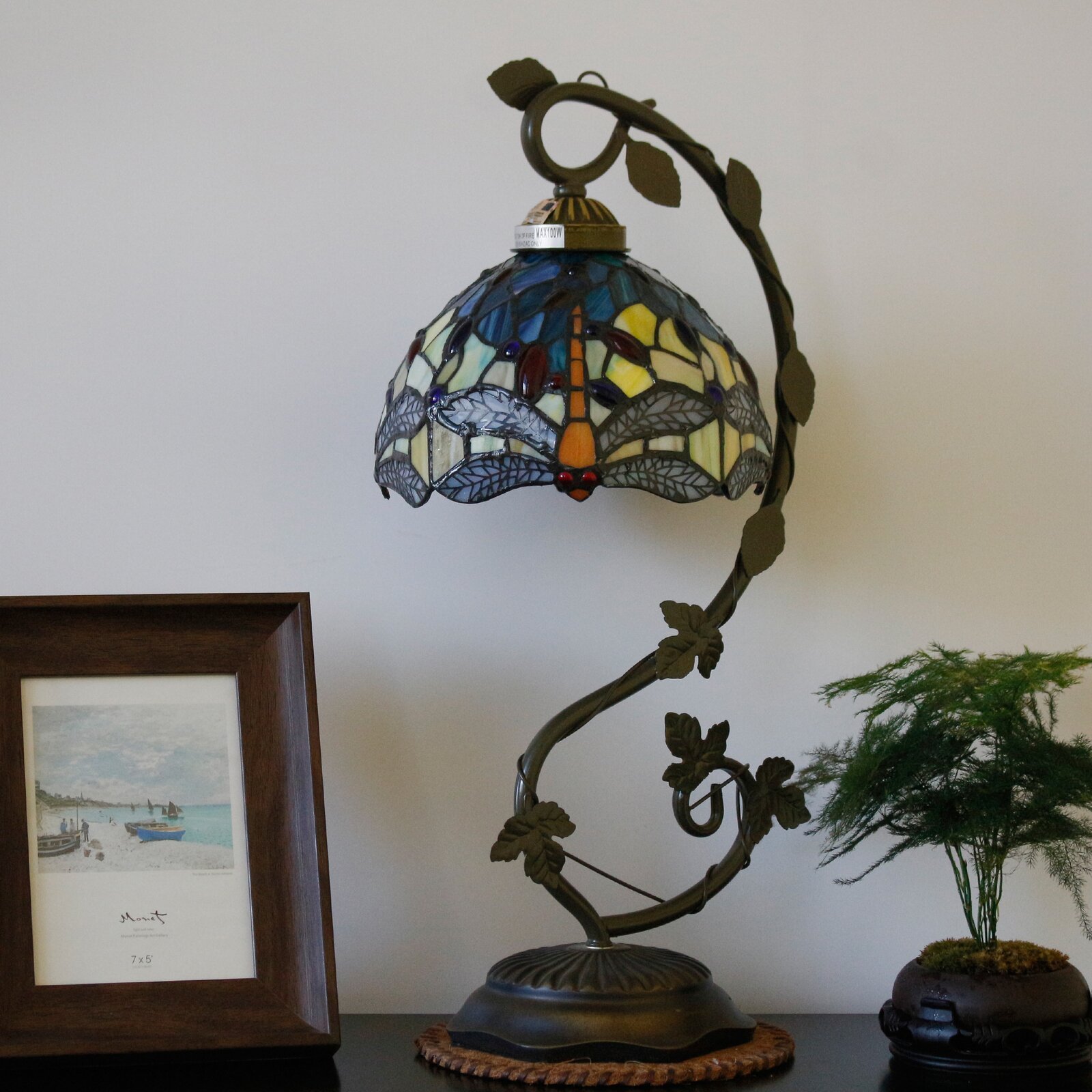  Desk Lamp Stained Glass Table Reading Banker Light Crystal Bead Blue Yellow Dragonfly Style Shade W8H20 Inch S128 World Menagerie LAMPS Parent Lover Kid Living Room Bedroom Coffee Bar Crafts Gift