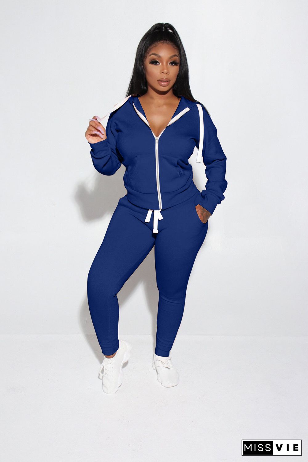 Solid Color Zipper Hoodie Skinny Pants Two Pieces Set