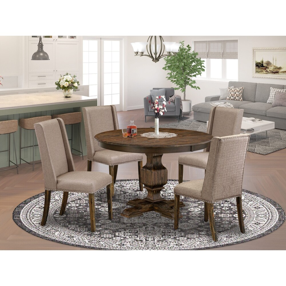 East West Furniture Dining Set  a Dining Table and Dark Khaki Linen Fabric Parson Chairs  Distressed Jacobean(Pieces Options)