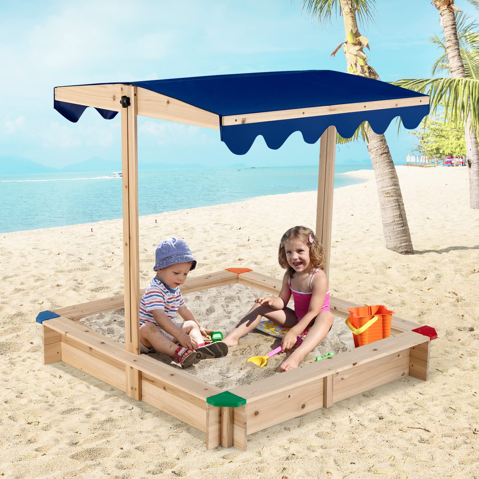 Costzon Kids Wooden Sandbox w/Convertible Canopy