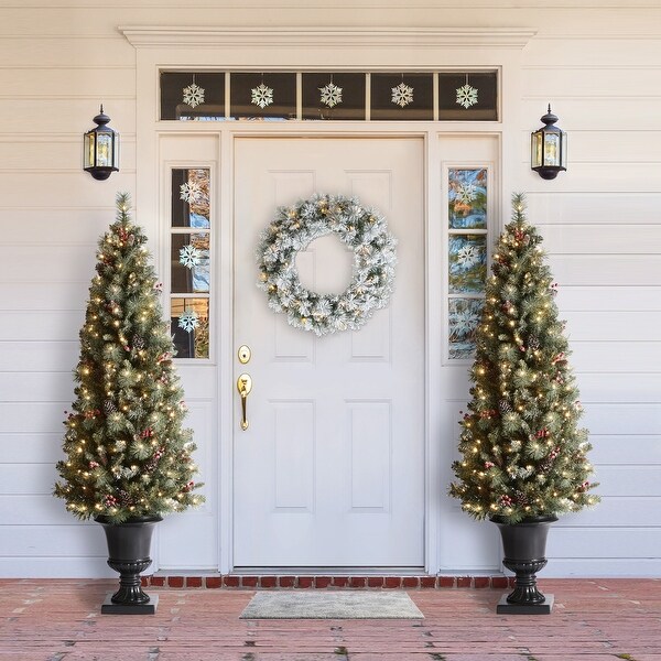 Glitzhome 4ft/5ft/6ft Flocked Pine Christmas Potted Porch Tree With Warm White Lights