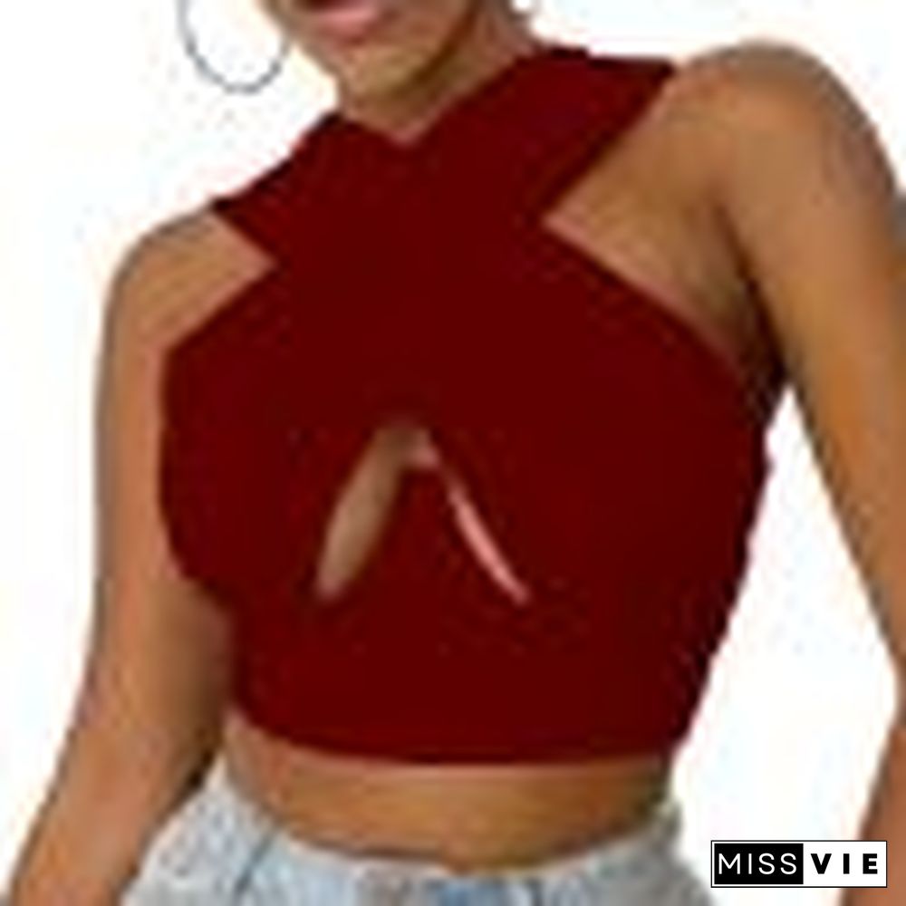 Hollow Out Crossed Sexy Vest Women Solid Color Cropped Tops Slim Fit Sleeveless Double Use Camisole Tank Tops