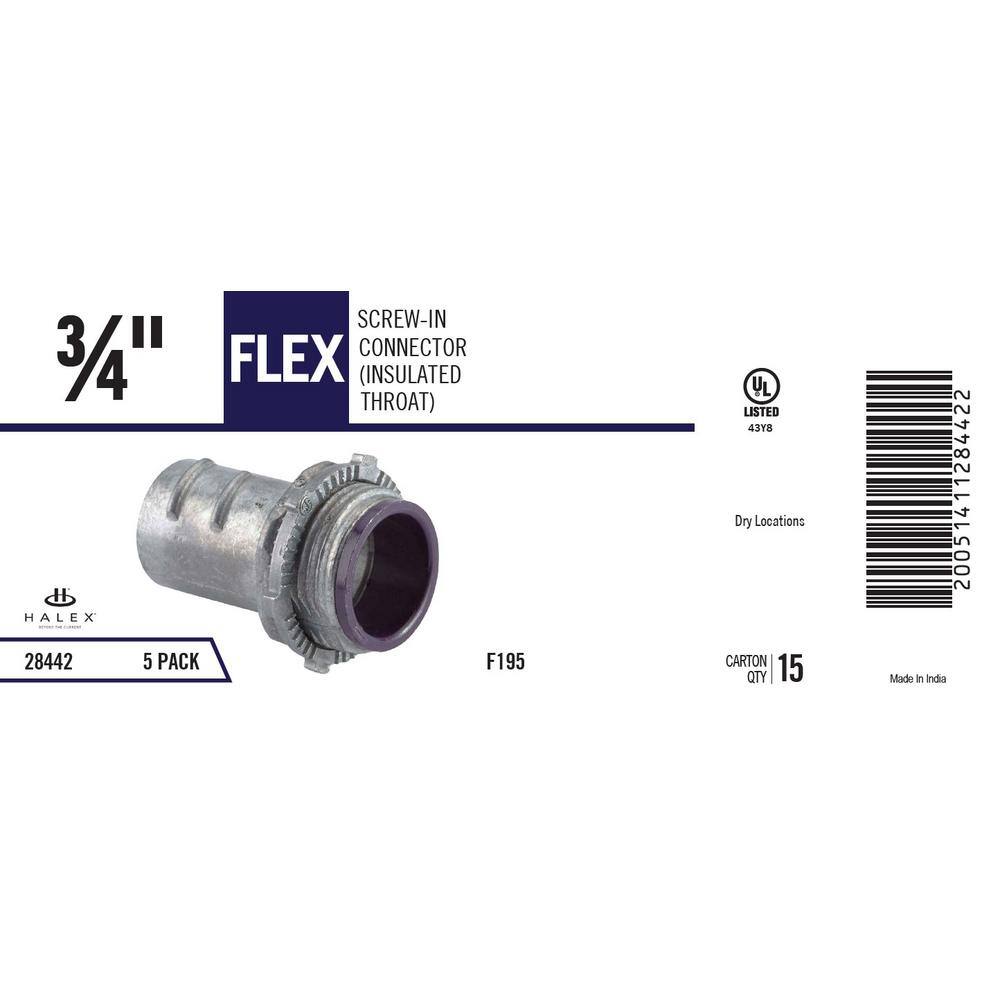 Halex 34 in. Flexible Metal Conduit (FMC) Screw-in Insulated Throat Connector (5-Pack) 28442