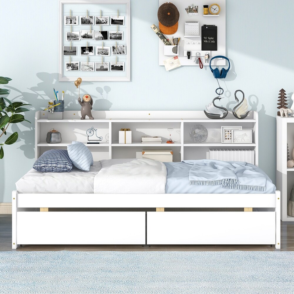 Twin Size Storage Daybed Wood Platform Bed with Side Bookcase and 2 Drawers  White