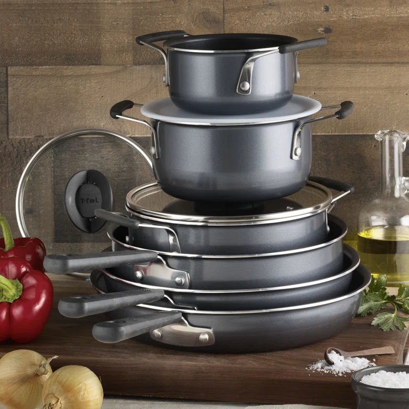 T-fal B063SC74 12-Piece Nonstick Cookware Set with Lids in Grey