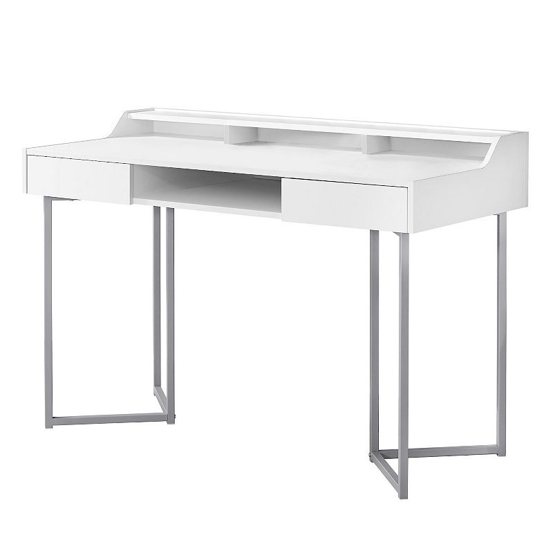 48 White and Silver Contemporary Rectangular Computer Desk with Drawers