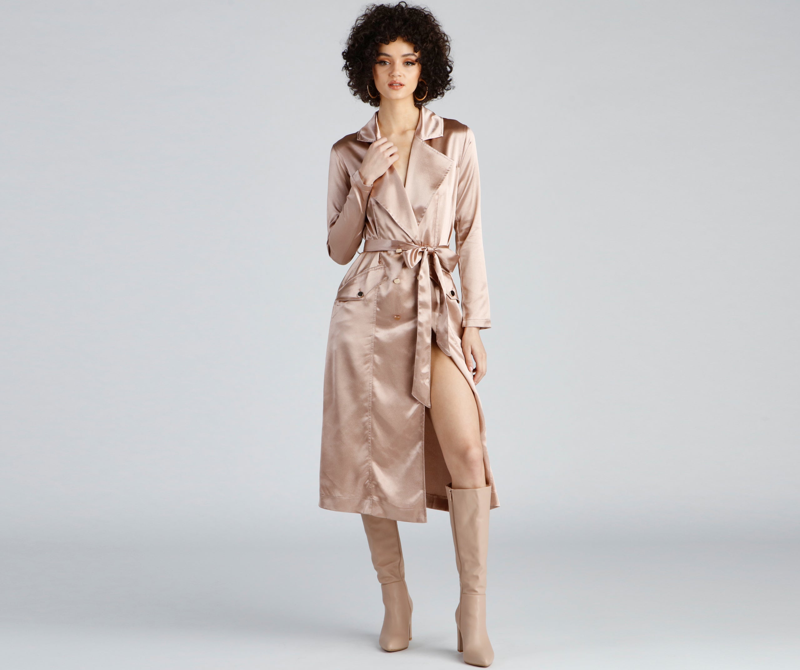 Sleek Sophistication Belted Satin Trench