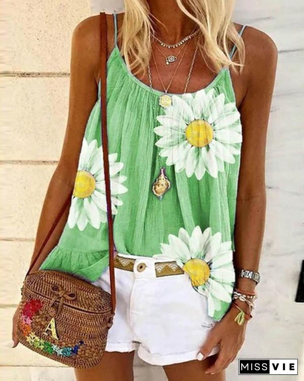 Casual Plus Size Sleeveless Floral Printed Tank Tops